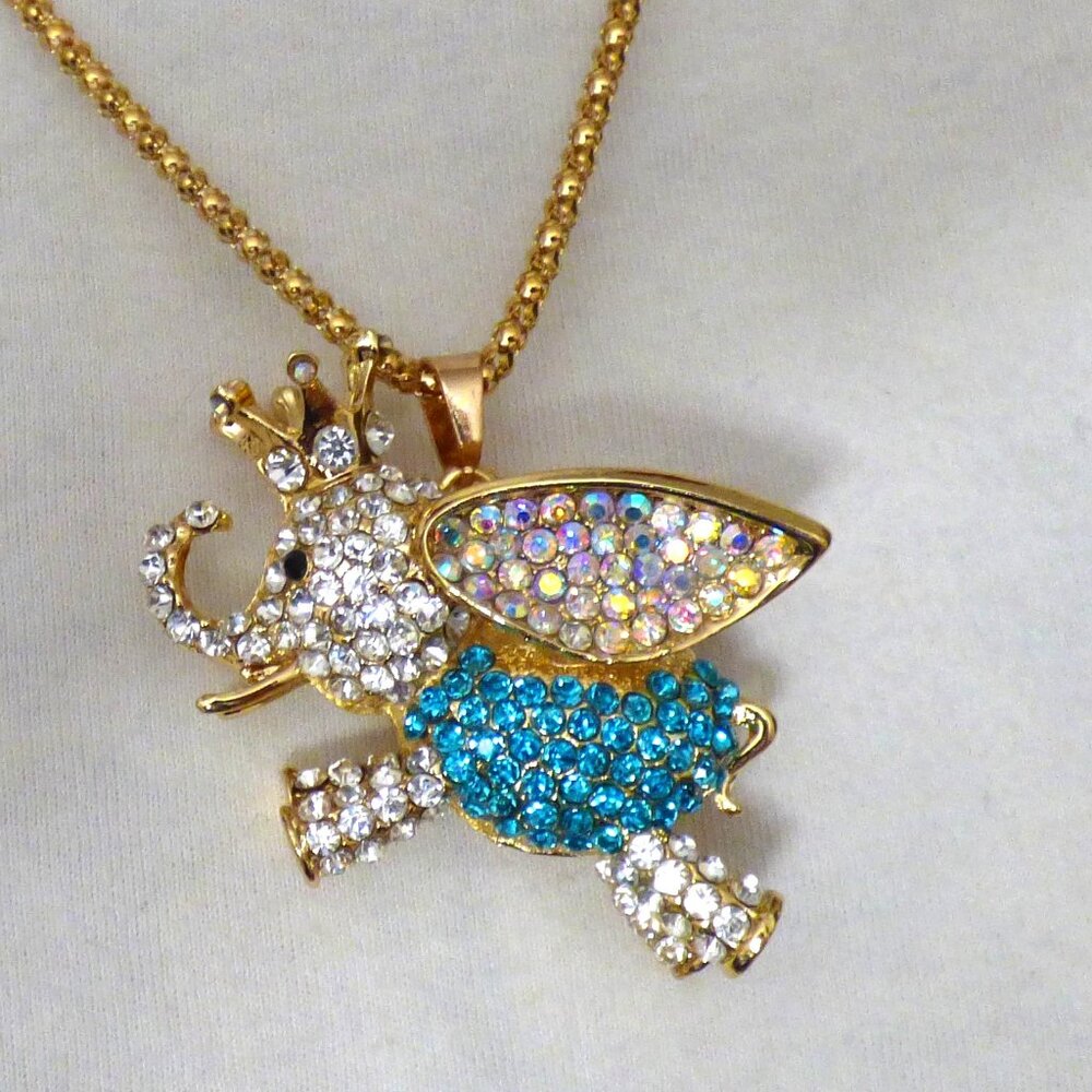 Crystal Flying Elephant Princess with Crown Pendant Necklace